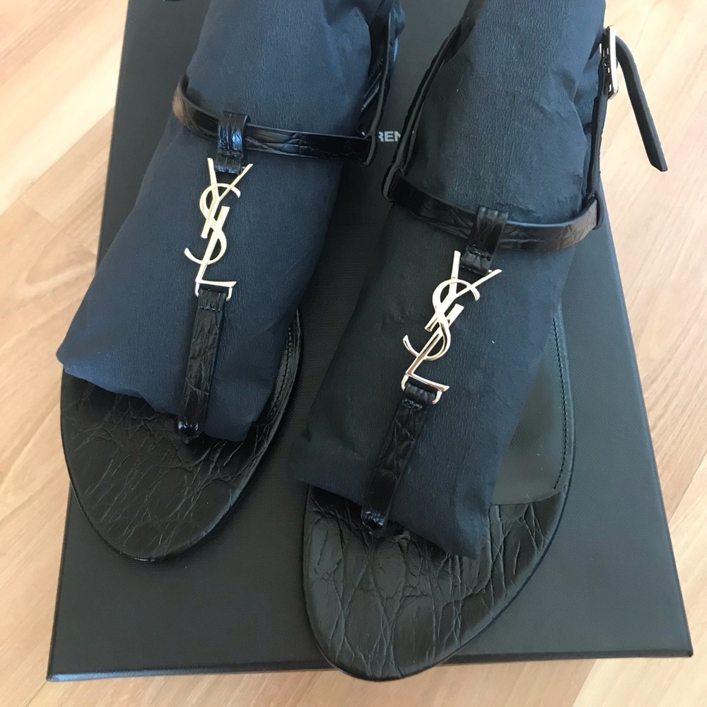 YSL Cassandra Logo T-Strap Sandal croc embossed